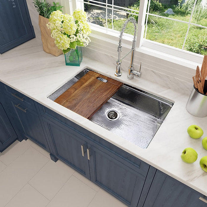 Nantucket Sinks Brightwork Collection Hammered Stainless Steel Large Single Bowl Prep Station Sink.  Sink includes Accacia Cutting Board