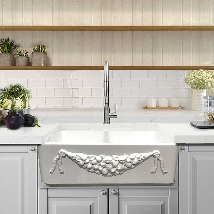 Nantucket Sinks Farmhouse Fireclay Apron Sink with an embossed decorative design