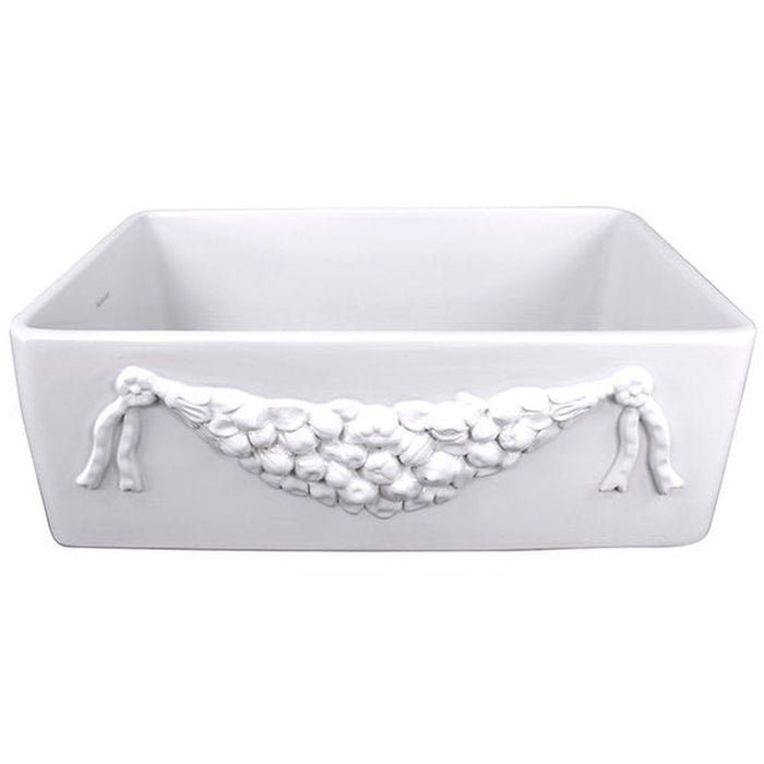 Nantucket Sinks Farmhouse Fireclay Apron Sink with an embossed decorative design