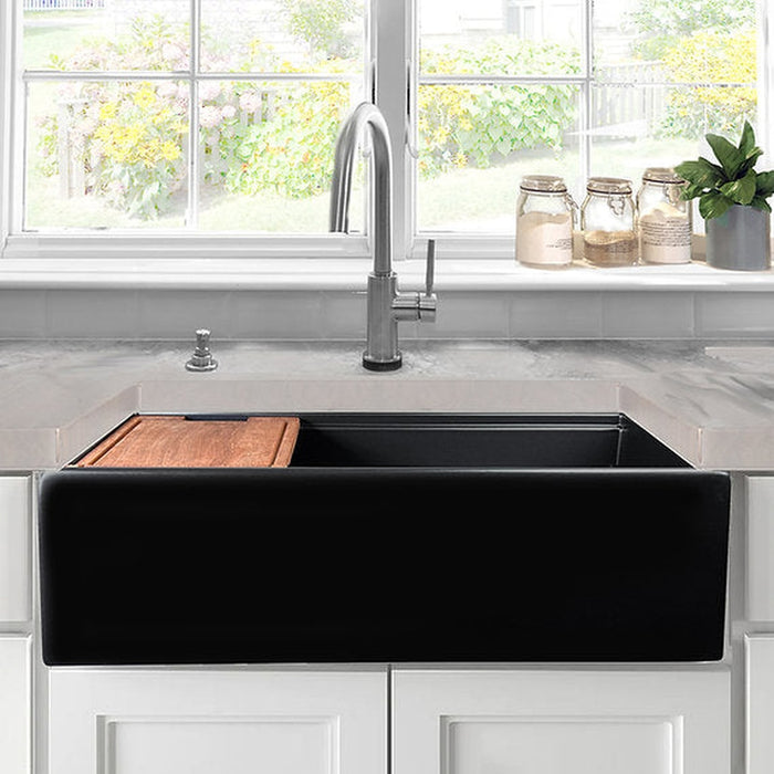 Nantucket Sinks 36 Inch Matte Black Farmhouse Workstation Fireclay Sink with Offset Drain, Integral Shelf for Cutting Board, Bottom Grid and Drain