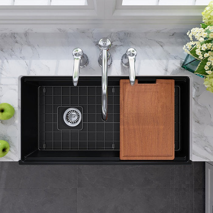 Nantucket Sinks 36 Inch Matte Black Farmhouse Workstation Fireclay Sink with Offset Drain, Integral Shelf for Cutting Board, Bottom Grid and Drain