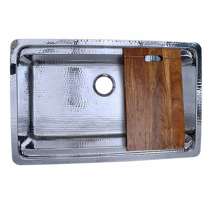 Nantucket Sinks Brightwork Collection Hammered Stainless Steel Large Single Bowl Prep Station Sink.  Sink includes Accacia Cutting Board