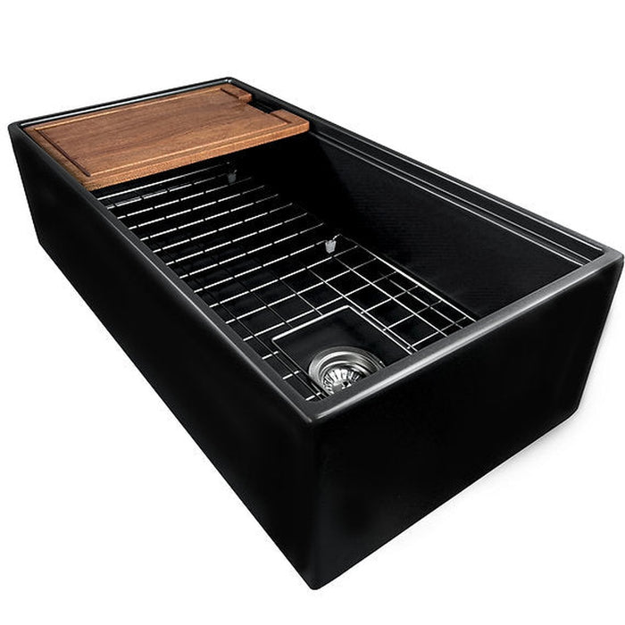 Nantucket Sinks 36 Inch Matte Black Farmhouse Workstation Fireclay Sink with Offset Drain, Integral Shelf for Cutting Board, Bottom Grid and Drain