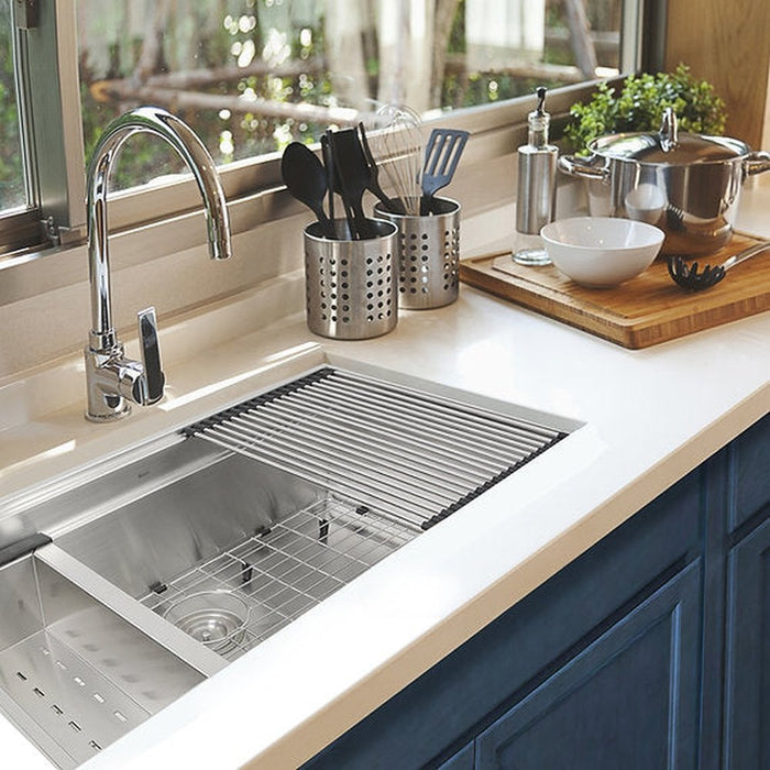 Nantucket Sinks 32 Inch Pro Series Large Prep Station Single Bowl Undermount Stainless Steel Kitchen Sink, with Included Rolling Mat, Grid, Colander, and Drain.