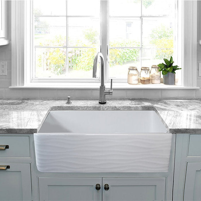 Nantucket Sinks 33 Inch Farmhouse Fireclay Sink with Waves Apron