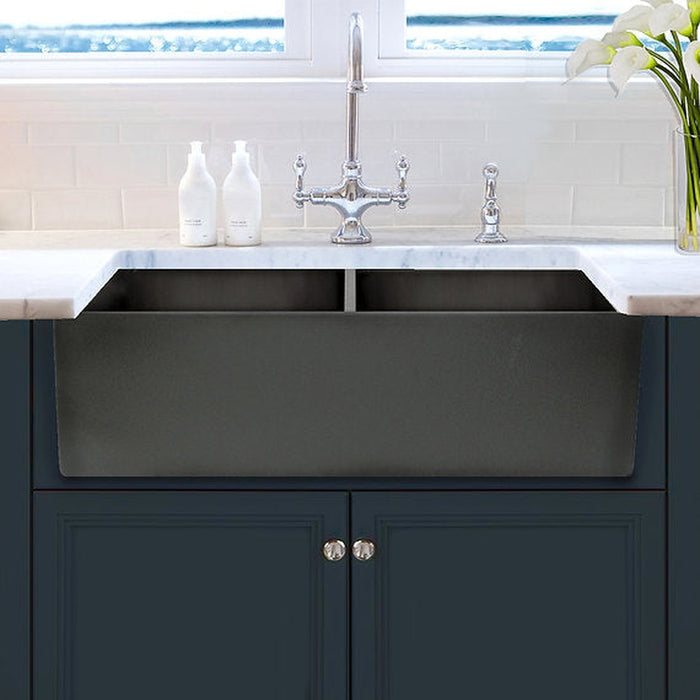 Nantucket Sinks Double Bowl Farmhouse Fireclay Sink with Concrete Finish