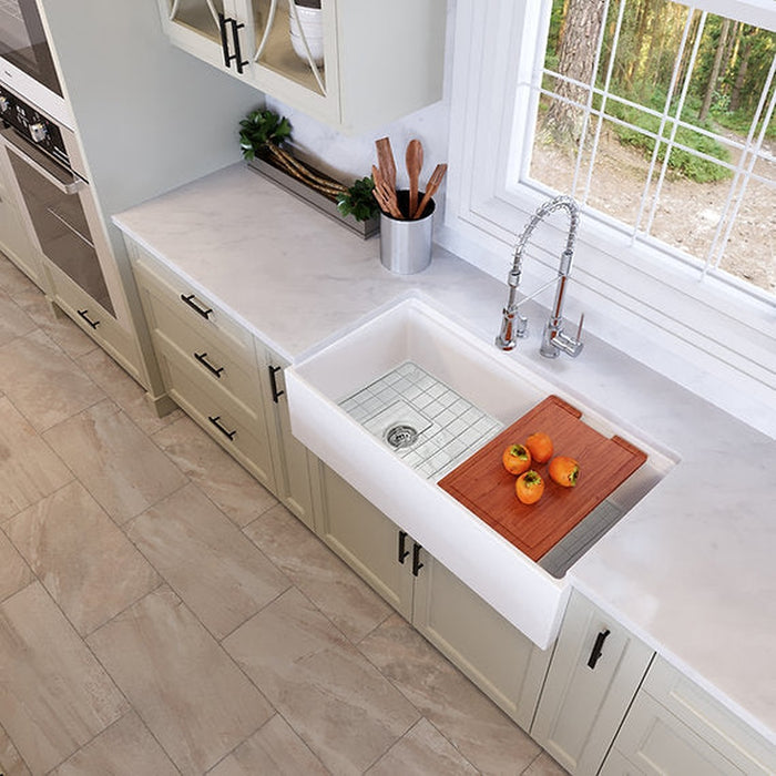 Nantucket Sinks 36 Inch White Farmhouse Workstation Fireclay Sink with Offset Drain, Integral Shelf for Cutting Board, Bottom Grid and Drain