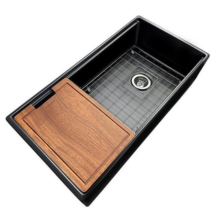 Nantucket Sinks 36 Inch Matte Black Farmhouse Workstation Fireclay Sink with Offset Drain, Integral Shelf for Cutting Board, Bottom Grid and Drain