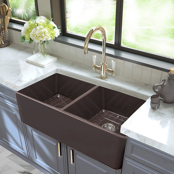 Nantucket Sinks 33 Inch Double Bowl Coffee Brown Farmhouse Fireclay Kitchen Sink T-FCFS33CB-DBL