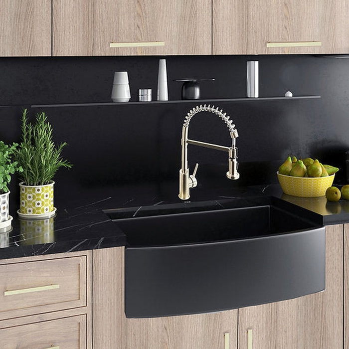 Nantucket Sinks Italian Made Fine Fireclay Curved Apron Farmer Sink finished in a Matte Black Finish   ,   Optional Bottom Grid - BG-FC3320CA