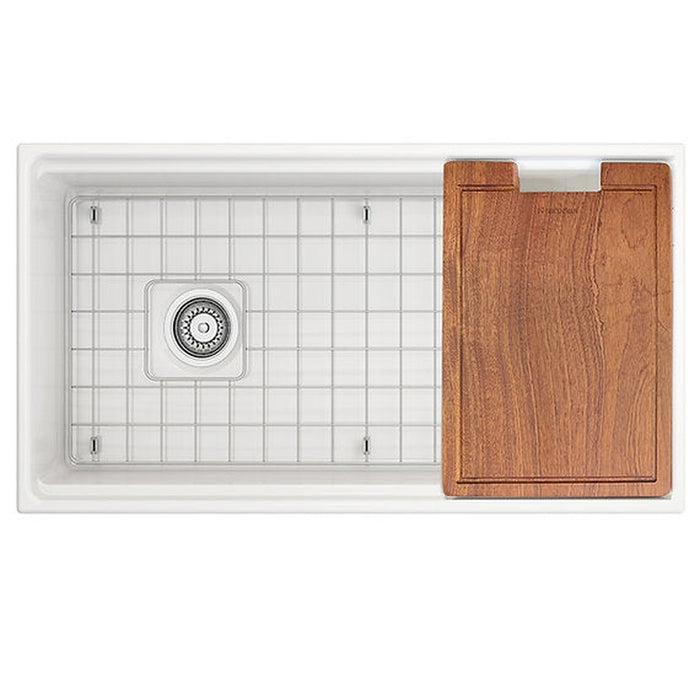 Nantucket Sinks 36 Inch White Farmhouse Workstation Fireclay Sink with Offset Drain, Integral Shelf for Cutting Board, Bottom Grid and Drain