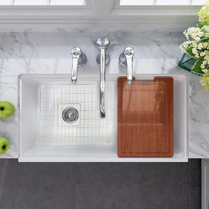 Nantucket Sinks 36 Inch White Farmhouse Workstation Fireclay Sink with Offset Drain, Integral Shelf for Cutting Board, Bottom Grid and Drain