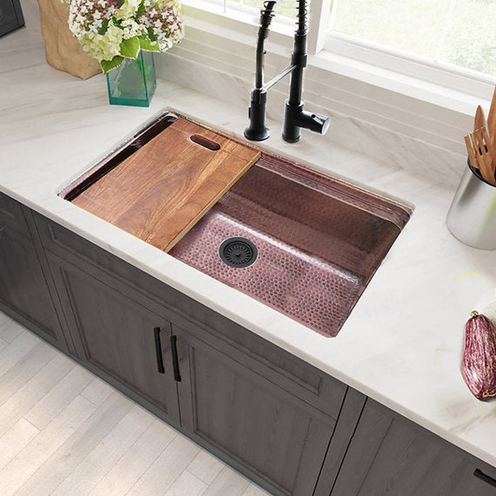 Nantucket Sinks Brightwork Collection Hammered Copperl Large Single Bowl Prep Station Sink.  Sink includes Accacia Cutting Board