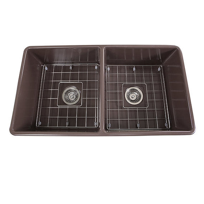 Nantucket Sinks 33 Inch Double Bowl Coffee Brown Farmhouse Fireclay Kitchen Sink T-FCFS33CB-DBL