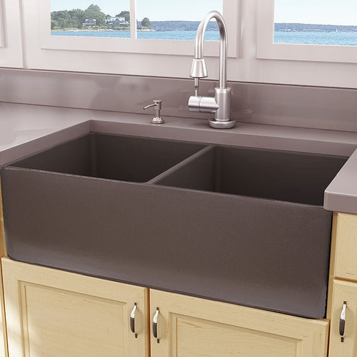 Nantucket Sinks 33 Inch Double Bowl Coffee Brown Farmhouse Fireclay Kitchen Sink T-FCFS33CB-DBL