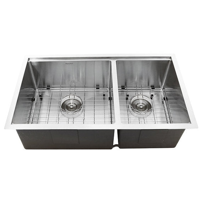 Nantucket Sinks Offset Double Bowl Prep Station Small Radius Undermount Stainless Sink with Accessories