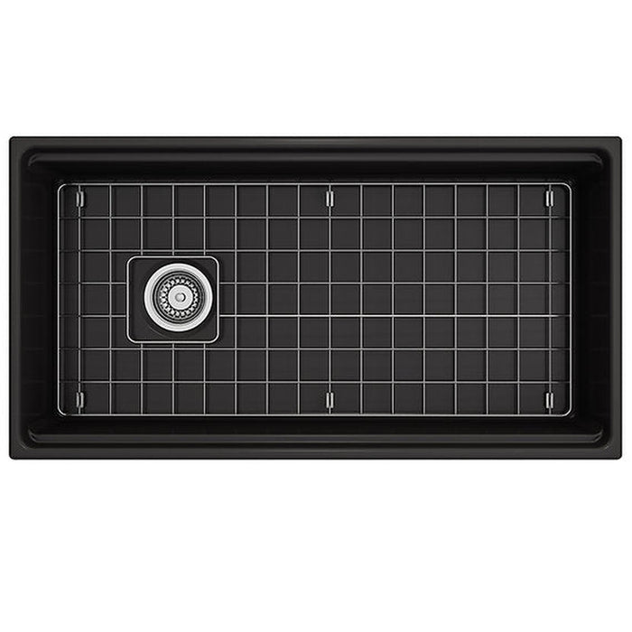 Nantucket Sinks 36 Inch Matte Black Farmhouse Workstation Fireclay Sink with Offset Drain, Integral Shelf for Cutting Board, Bottom Grid and Drain