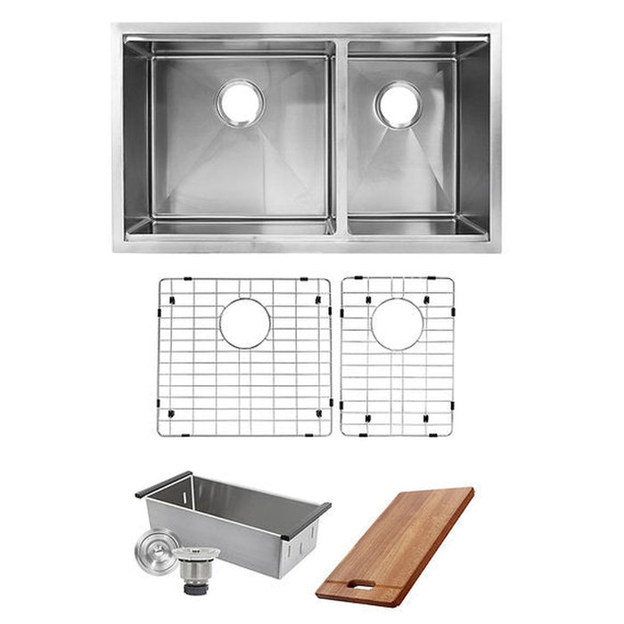 Nantucket Sinks Offset Double Bowl Prep Station Small Radius Undermount Stainless Sink with Accessories