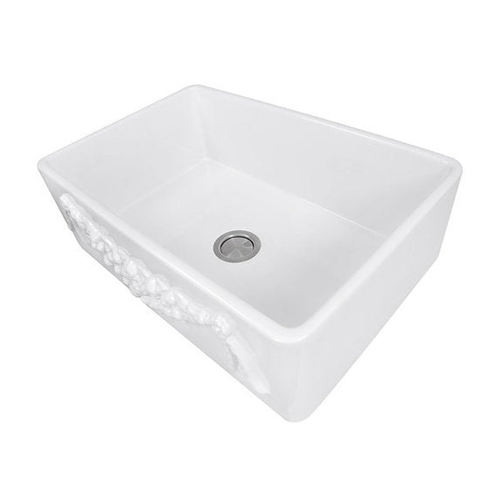 Nantucket Sinks Farmhouse Fireclay Apron Sink with an embossed decorative design