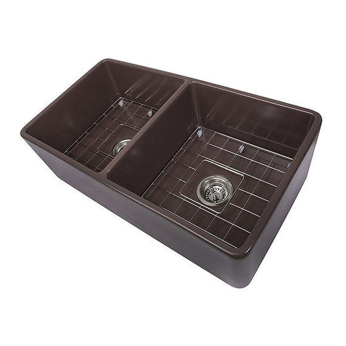 Nantucket Sinks 33 Inch Double Bowl Coffee Brown Farmhouse Fireclay Kitchen Sink T-FCFS33CB-DBL