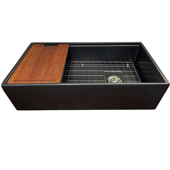 Nantucket Sinks 36 Inch Matte Black Farmhouse Workstation Fireclay Sink with Offset Drain, Integral Shelf for Cutting Board, Bottom Grid and Drain