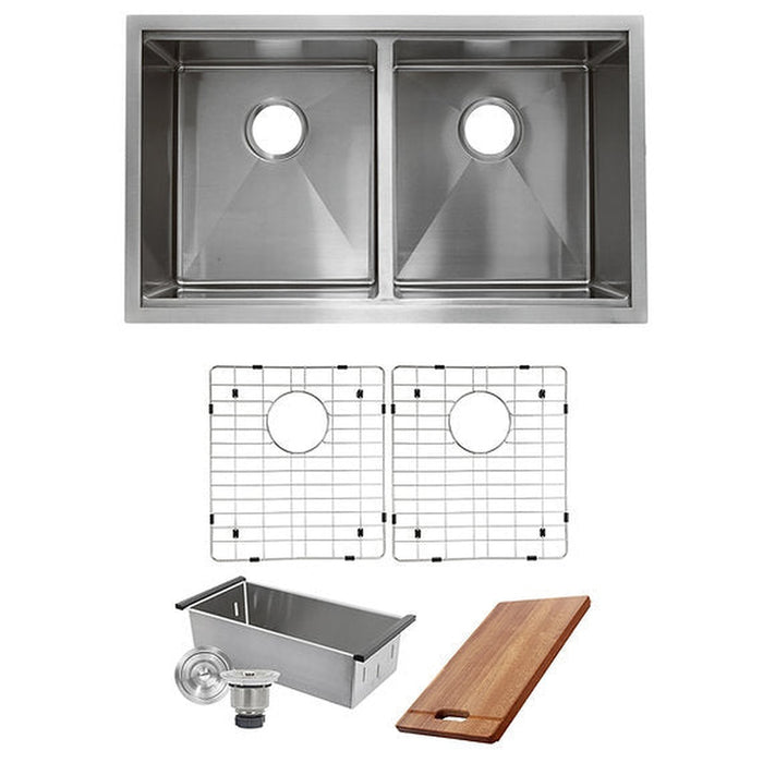 Nantucket Sinks Double Equal Prep Station Small Radius Undermount Stainless Sink with Accessories