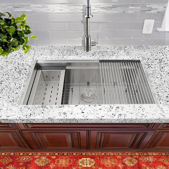 Nantucket Sinks 32 Inch Pro Series Large Prep Station Single Bowl Undermount Stainless Steel Kitchen Sink, with Included Rolling Mat, Grid, Colander, and Drain.