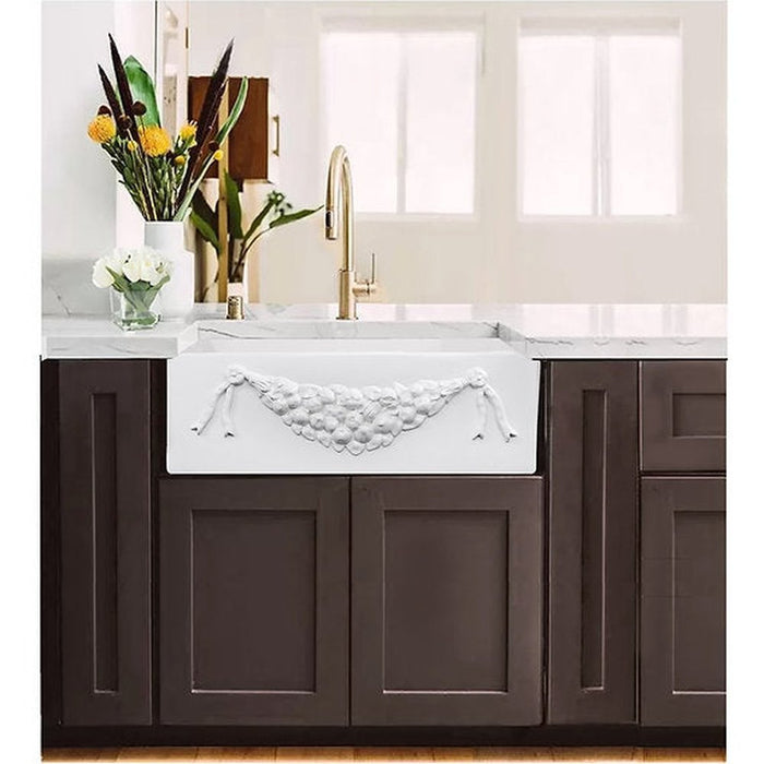 Nantucket Sinks Farmhouse Fireclay Apron Sink with an embossed decorative design