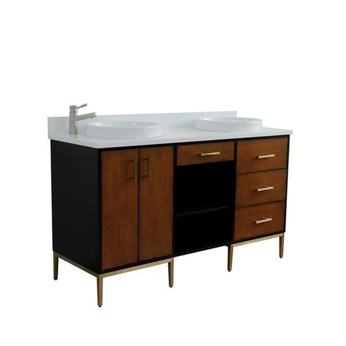 Bellaterra Home Imola 61" Double sink vanity in Walnut and Black finish and White quartz and round sink