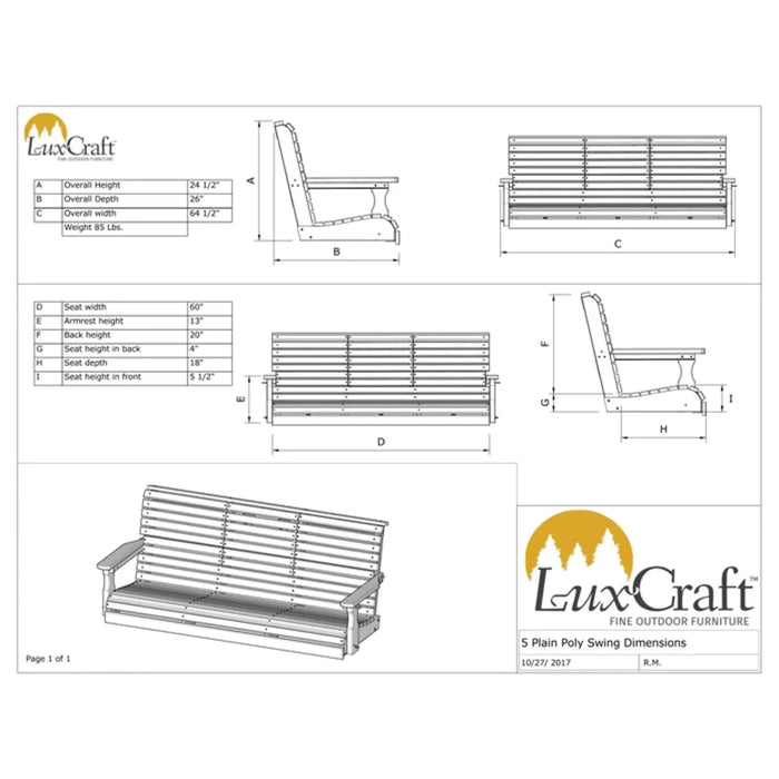 LuxCraft 5' Plain Poly Outdoor Porch Swing With Flip Down Center Console