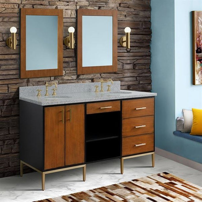 Bellaterra Home Imola 61" Double sink vanity in Walnut and Black finish and Gray granite and oval sink