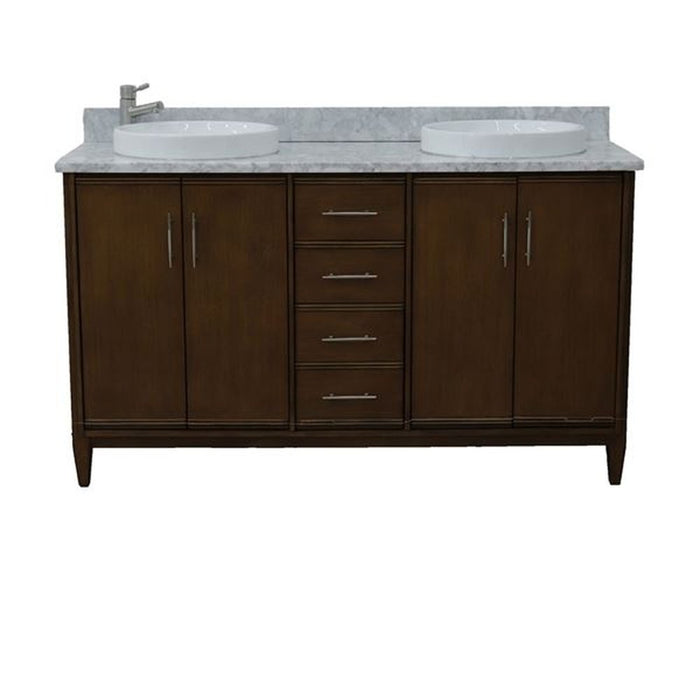 Bellaterra Home MCM 61" Double sink vanity in Walnut finish with White Carrara marble and round sink