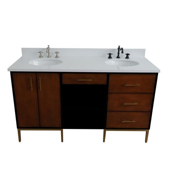 Bellaterra Home Imola 61" Double sink vanity in Walnut and Black finish and White quartz and oval sink