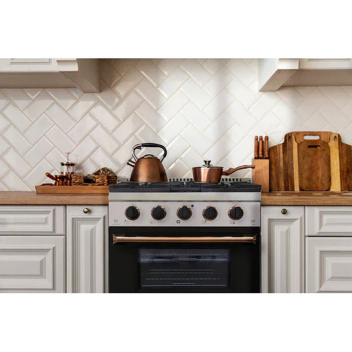Kucht Signature 30-Inch Pro-Style Dual Fuel Range with Propane Gas in Stainless Steel with White Oven Door & Gold H&le (KDF302/LP-W-GOLD)