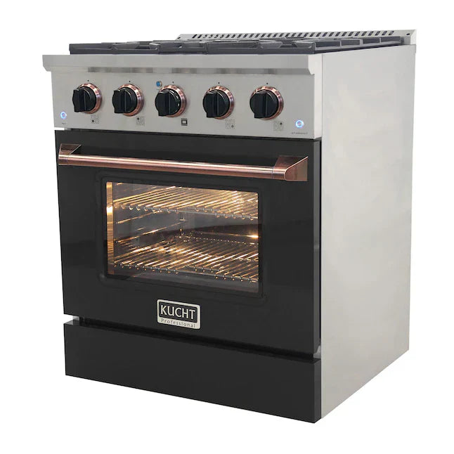 Kucht Signature 30-Inch Propane Gas Range with Convection Oven in Black with Black Knobs & Rose Gold H&le (KNG301/LP-K-ROSE)