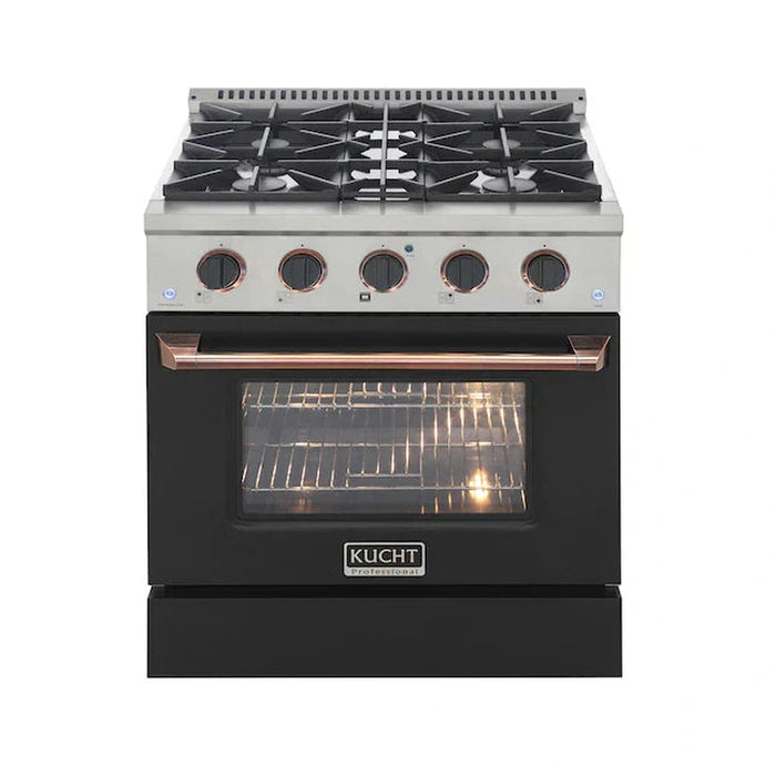 Kucht Signature 30-Inch Pro-Style Dual Fuel Range with Propane Gas in Stainless Steel with Black Oven Door & Rose Gold Accents (KDF302/LP-K-ROSE)