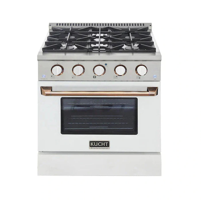 Kucht Signature 30-Inch Pro-Style Dual Fuel Range with Propane Gas in Stainless Steel with White Oven Door & Gold H&le (KDF302/LP-W-GOLD)
