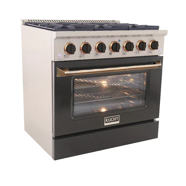 Kucht Signature 36-Inch Pro-Style Dual Fuel Range in Propane Gas with Black Oven Door & Gold Accents (KDF362/LP-K-GOLD)