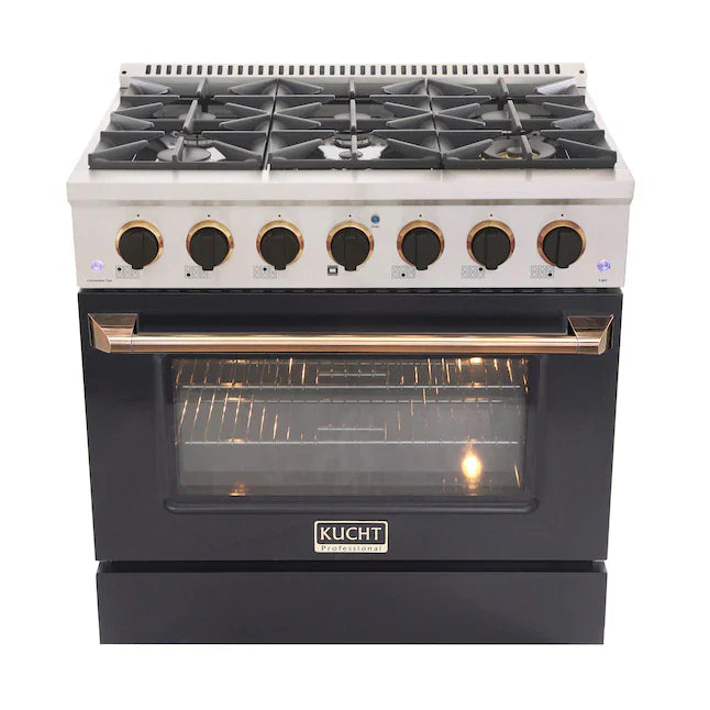 Kucht Signature 36-Inch Pro-Style Dual Fuel Range in Propane Gas with Black Oven Door & Gold Accents (KDF362/LP-K-GOLD)