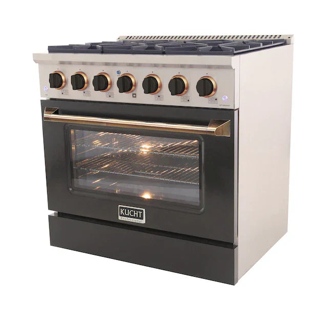 Kucht Signature 36-Inch Pro-Style Dual Fuel Range in Propane Gas with Black Oven Door & Gold Accents (KDF362/LP-K-GOLD)