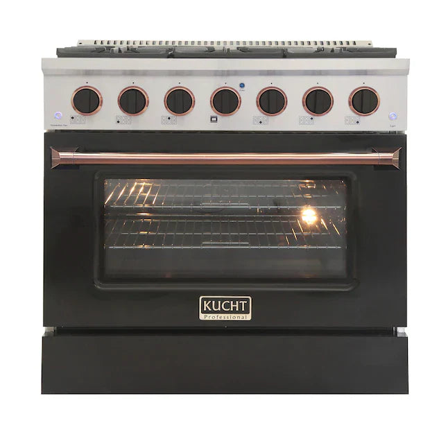 Kucht Signature 36-Inch Propane Gas Range in Black with Black Knobs & Rose Gold H&le (KNG361/LP-K-ROSE)