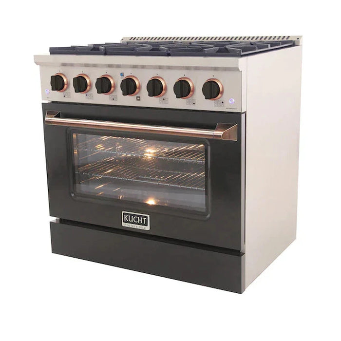 Kucht Signature 36-Inch Pro-Style Dual Fuel Range with Propane Gas in Stainless Steel with Black Oven Door & Rose Gold Accents (KDF362/LP-K-ROSE)