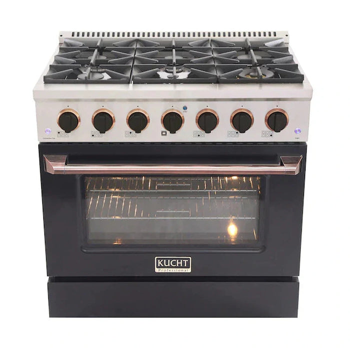 Kucht Signature 36-Inch Pro-Style Dual Fuel Range with Propane Gas in Stainless Steel with Black Oven Door & Rose Gold Accents (KDF362/LP-K-ROSE)