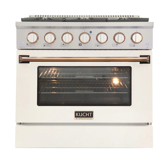 Kucht Signature 36-Inch Gas Range with Convection Oven in White with White Knobs & Gold Handle (KNG361-W-GOLD)