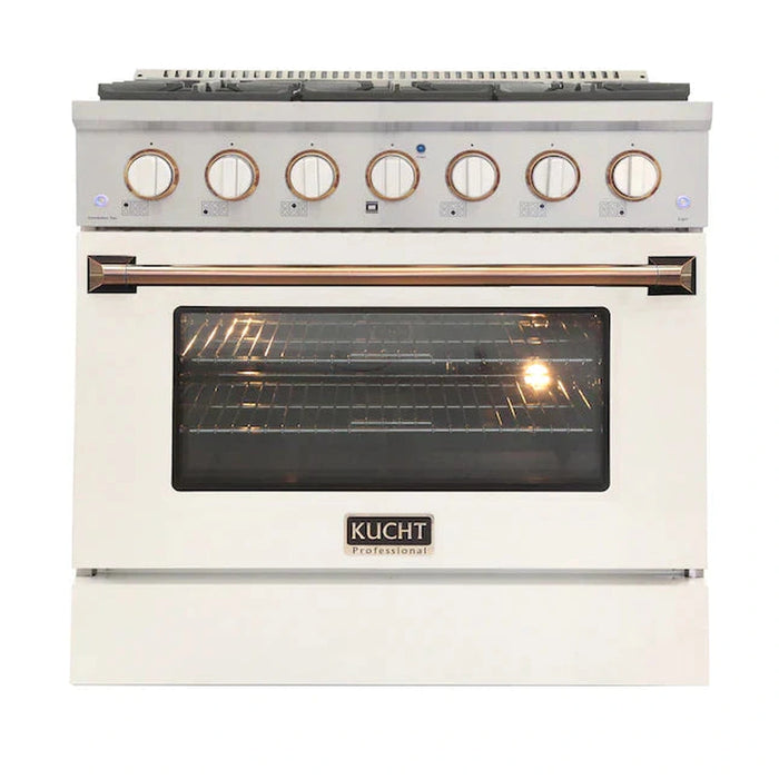 Kucht Signature 36-Inch Propane Gas Range with Convection Oven in White with White Knobs & Gold H&le (KNG361/LP-W-GOLD)
