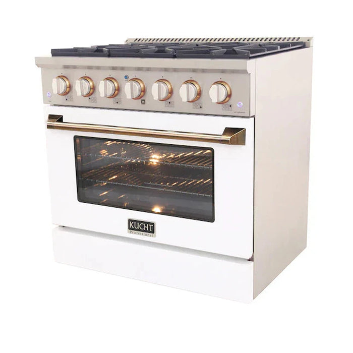 Kucht Series 36-Inch Pro-Style Dual Fuel Range in Propane Gas with White Oven Door & Gold Accents (KDF362/LP-W-GOLD)