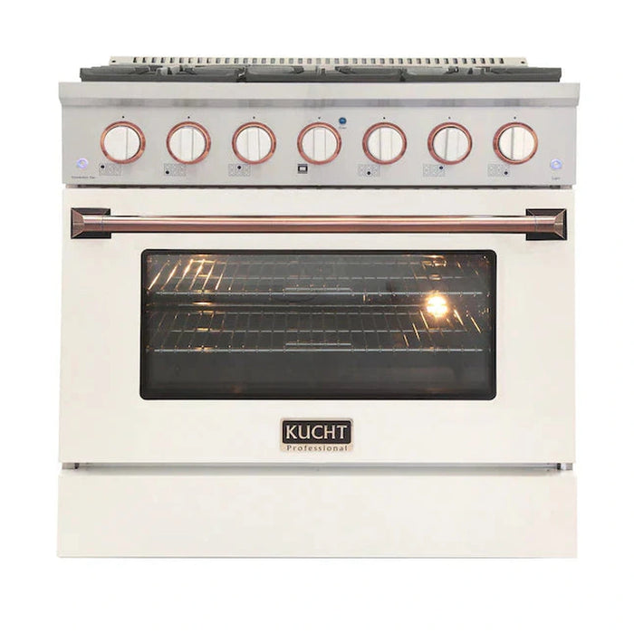 Kucht Signature 36-Inch Propane Gas Range with Convection Oven in White with White Knob & Rose Gold H&le (KNG361/LP-W-ROSE)