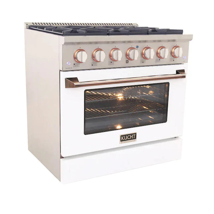 Kucht Signature 36-Inch Pro-Style Dual Fuel Range in Propane Gas with White Oven Door & Rose Gold Accents (KDF362/LP-W-ROSE)