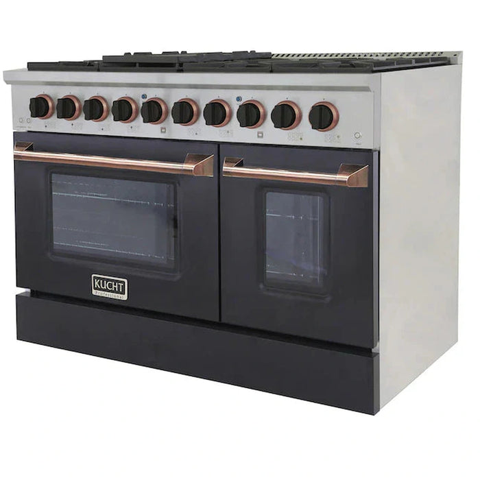 Kucht Signature 48-Inch Pro-Style Dual Fuel Range with Propane Gas in Stainless Steel with Black Oven Door & Rose Gold (KDF482/LP-K-ROSE)
