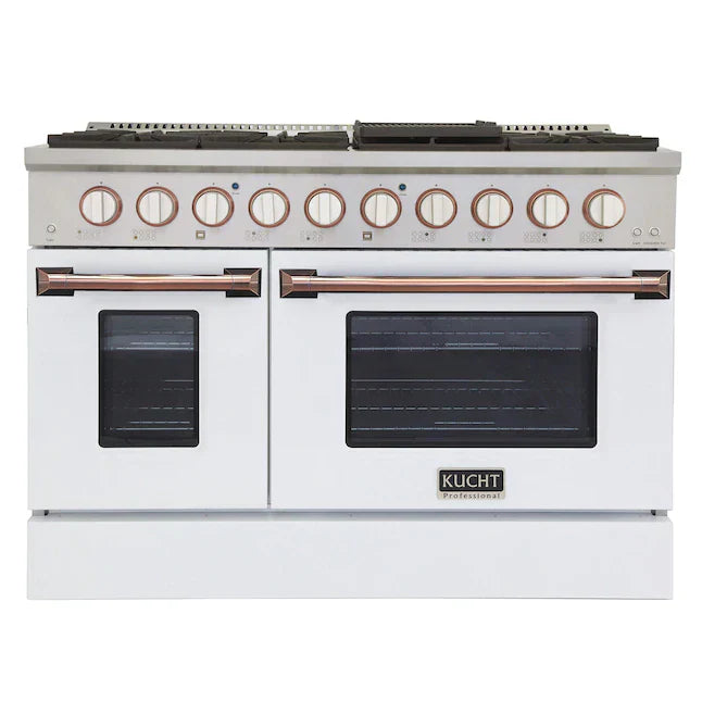 Kucht Signature 48-Inch Pro-Style Dual Fuel Range with Propane Gas in Stainless Steel with White Oven Door & Rose Gold (KDF482/LP-W-ROSE)